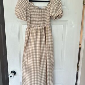 Petal & Pup Tan and White Smocked Midi Dress